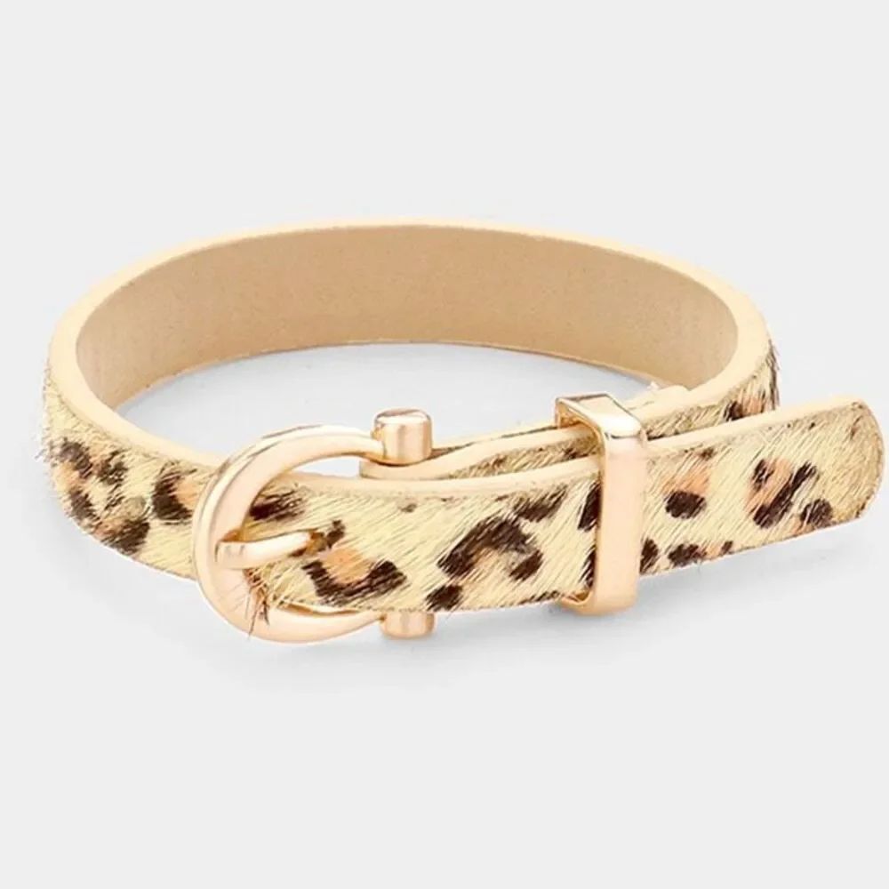 New Boutique Womens Leopard Faux Leather Metal Buckle Adjustable Bracelet